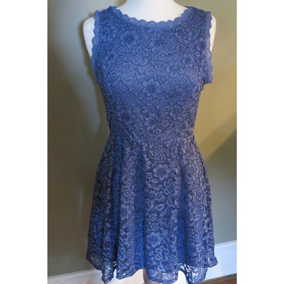 AS U WISH *NWT* Skater Mini Dress Size L Floral Lace Sleeveless Blue Flirty Sexy - Picture 2 of 6